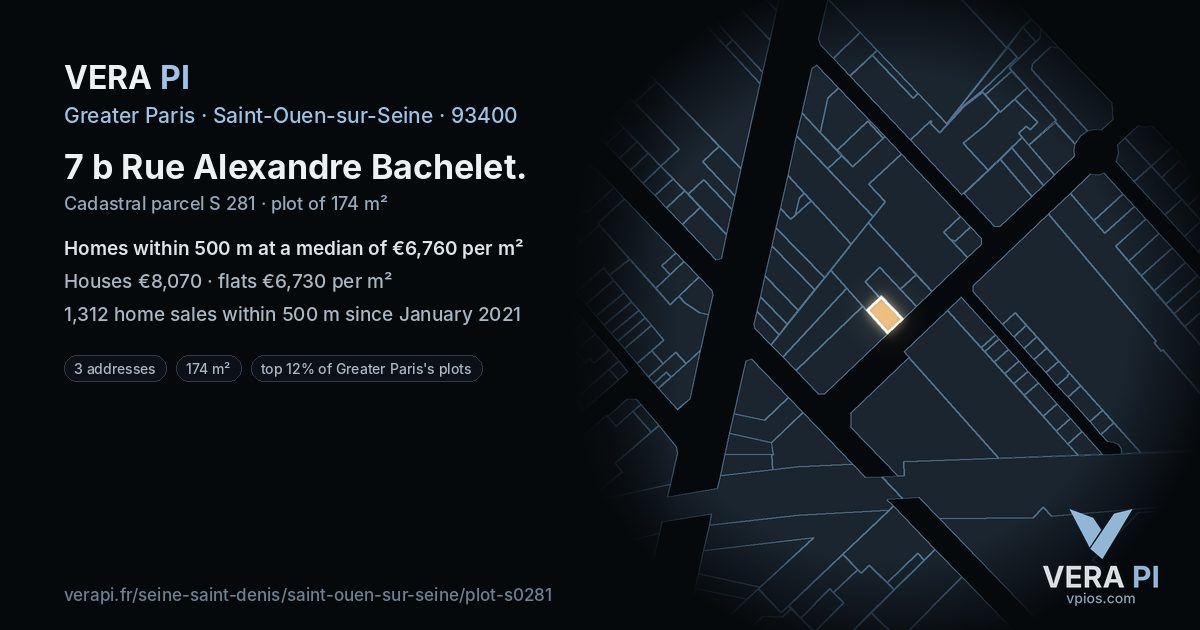 7 b Rue Alexandre Bachelet, Saint-Ouen-sur-Seine at night – the plot lit, the parcels around coloured by the prices near them