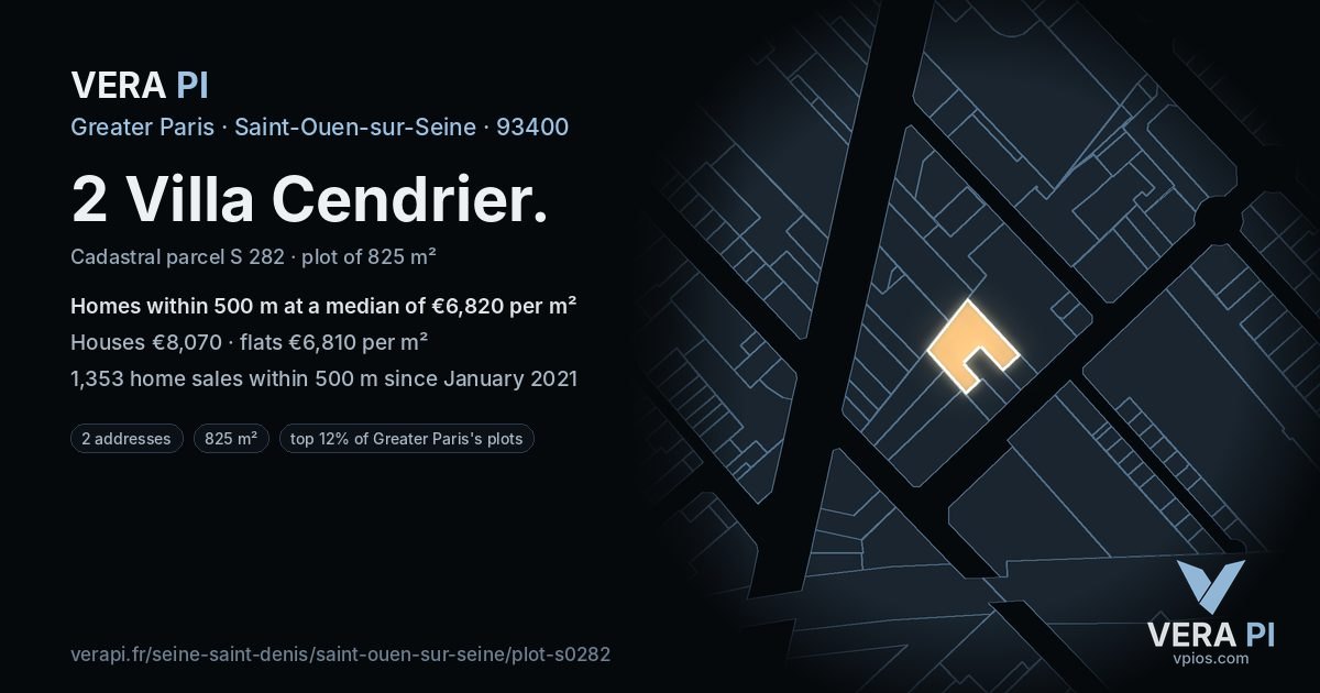 2 Villa Cendrier, Saint-Ouen-sur-Seine at night – the plot lit, the parcels around coloured by the prices near them