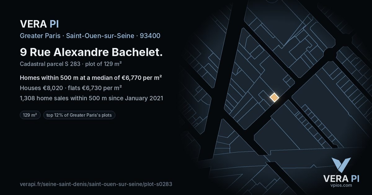 9 Rue Alexandre Bachelet, Saint-Ouen-sur-Seine at night – the plot lit, the parcels around coloured by the prices near them