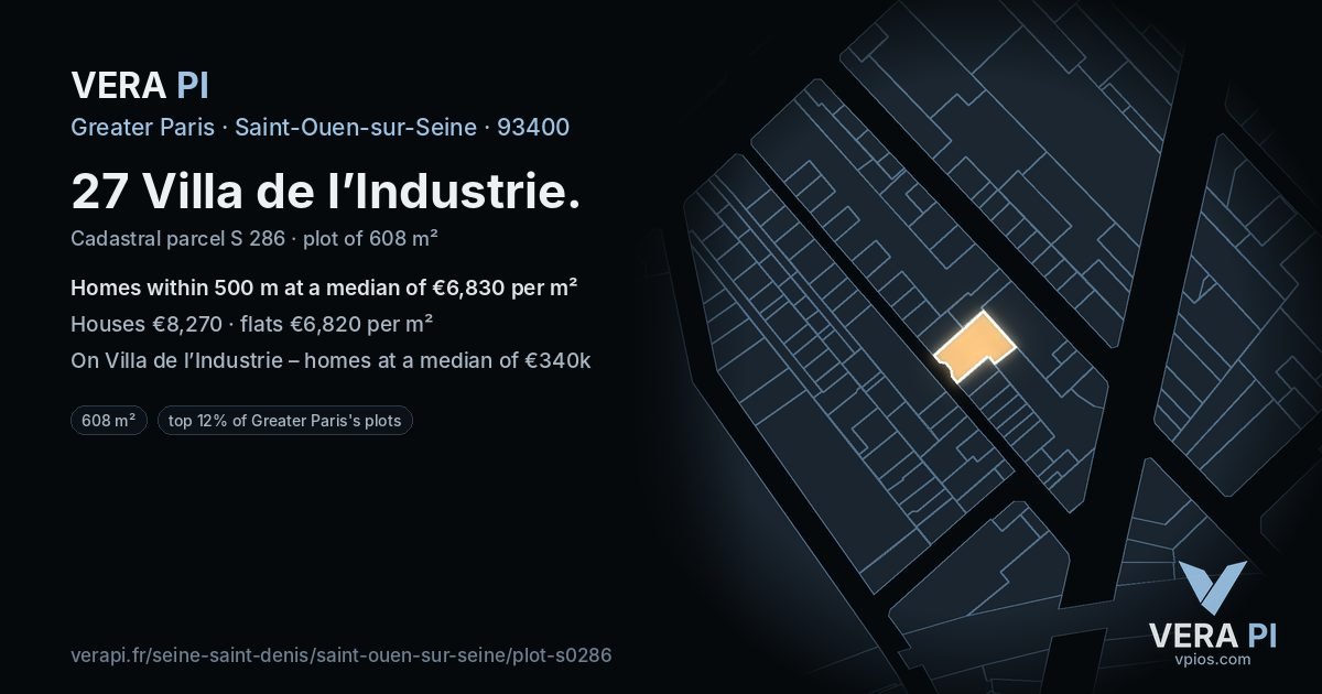27 Villa de l’Industrie, Saint-Ouen-sur-Seine at night – the plot lit, the parcels around coloured by the prices near them
