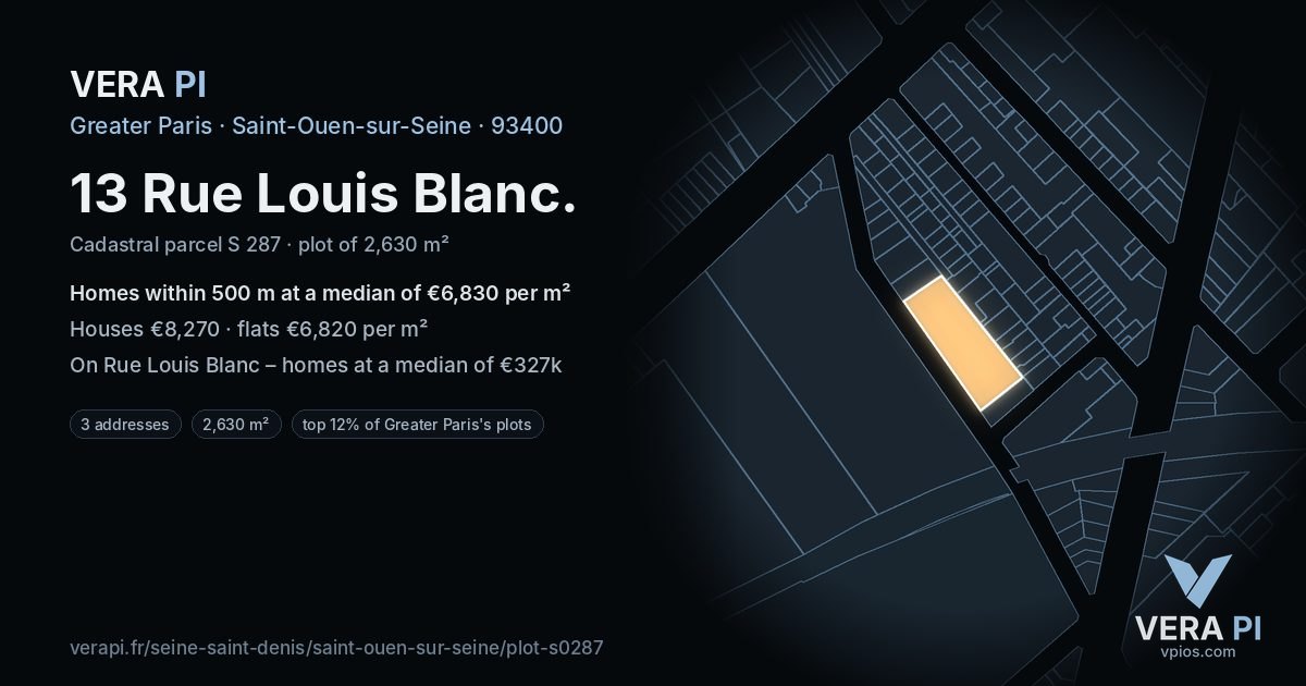 13 Rue Louis Blanc, Saint-Ouen-sur-Seine at night – the plot lit, the parcels around coloured by the prices near them