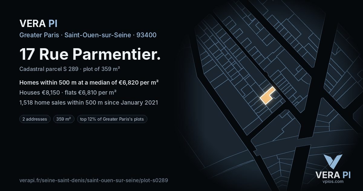 17 Rue Parmentier, Saint-Ouen-sur-Seine at night – the plot lit, the parcels around coloured by the prices near them