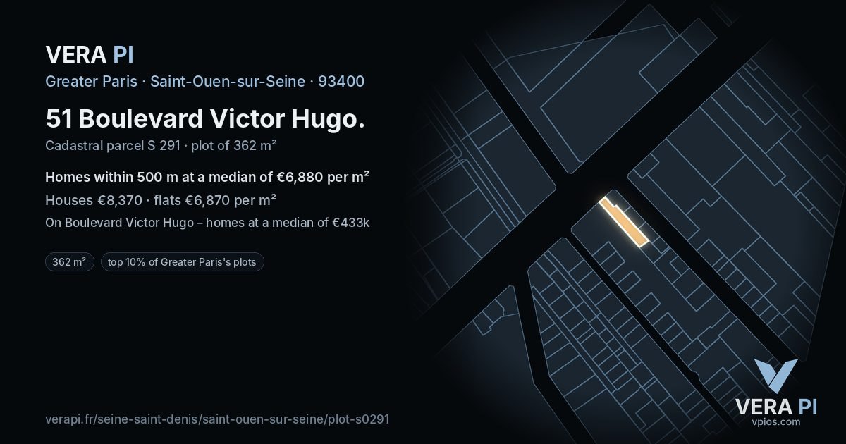 51 Boulevard Victor Hugo, Saint-Ouen-sur-Seine at night – the plot lit, the parcels around coloured by the prices near them