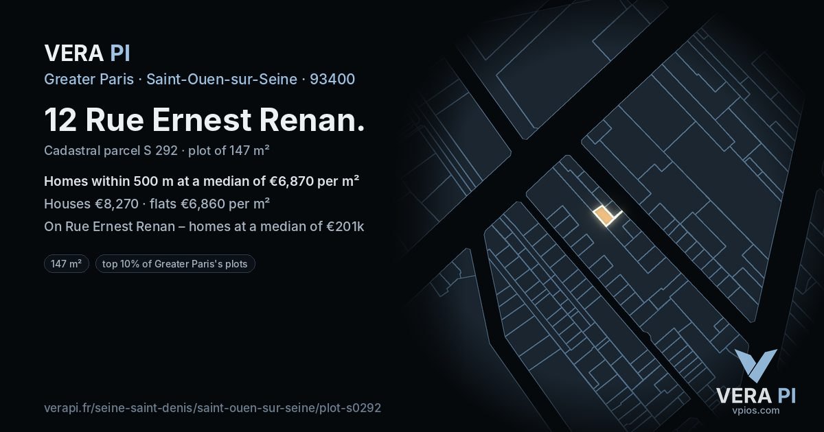 12 Rue Ernest Renan, Saint-Ouen-sur-Seine at night – the plot lit, the parcels around coloured by the prices near them