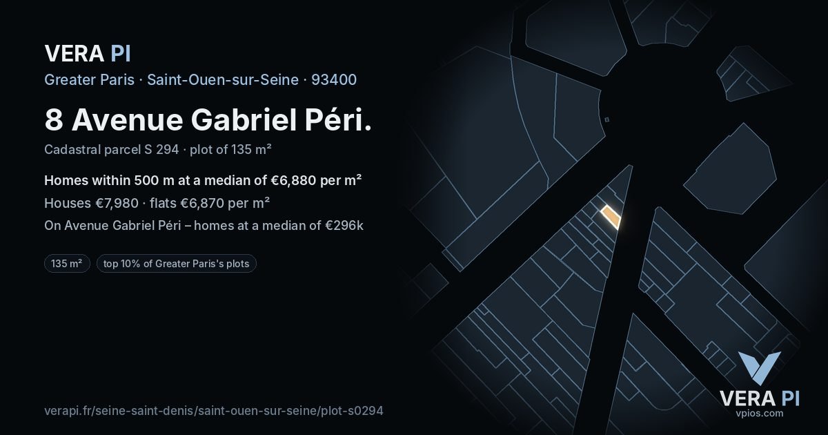 8 Avenue Gabriel Péri, Saint-Ouen-sur-Seine at night – the plot lit, the parcels around coloured by the prices near them