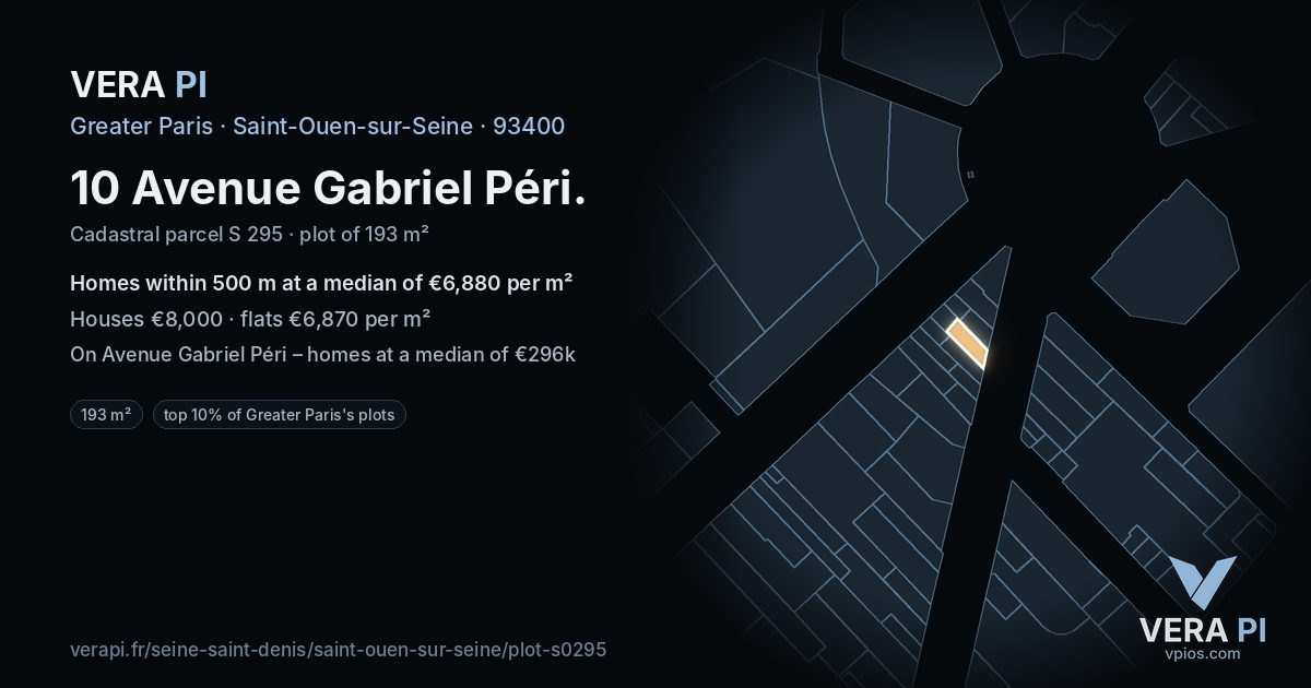 10 Avenue Gabriel Péri, Saint-Ouen-sur-Seine at night – the plot lit, the parcels around coloured by the prices near them