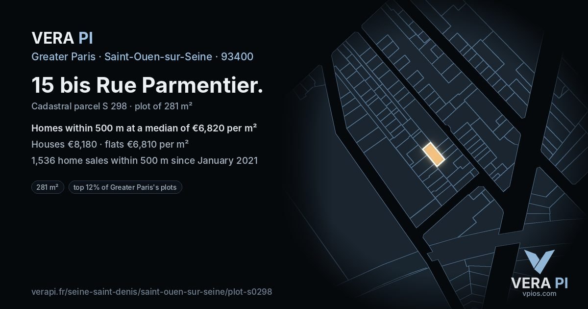 15 bis Rue Parmentier, Saint-Ouen-sur-Seine at night – the plot lit, the parcels around coloured by the prices near them
