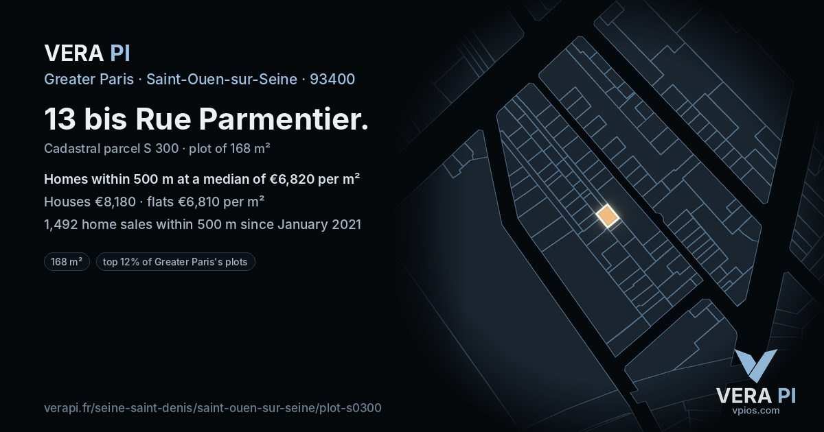 13 bis Rue Parmentier, Saint-Ouen-sur-Seine at night – the plot lit, the parcels around coloured by the prices near them
