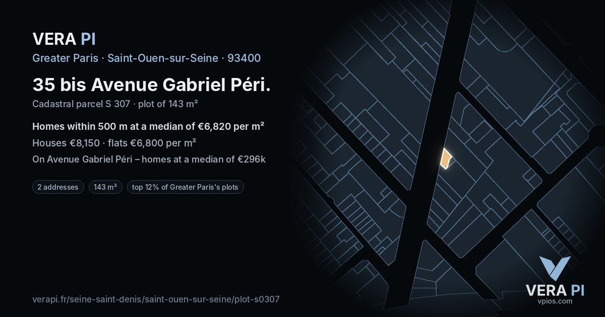 35 bis Avenue Gabriel Péri, Saint-Ouen-sur-Seine at night – the plot lit, the parcels around coloured by the prices near them