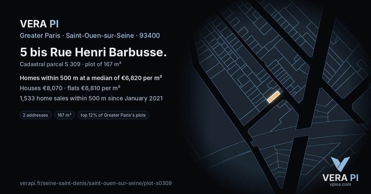 5 bis Rue Henri Barbusse, Saint-Ouen-sur-Seine at night – the plot lit, the parcels around coloured by the prices near them