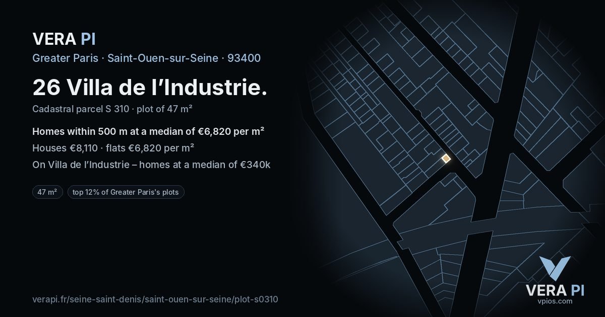 26 Villa de l’Industrie, Saint-Ouen-sur-Seine at night – the plot lit, the parcels around coloured by the prices near them