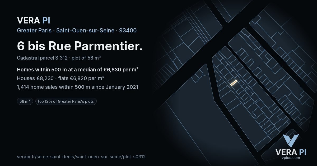 6 bis Rue Parmentier, Saint-Ouen-sur-Seine at night – the plot lit, the parcels around coloured by the prices near them
