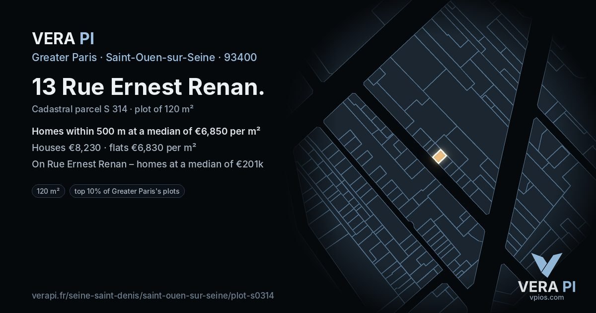 13 Rue Ernest Renan, Saint-Ouen-sur-Seine at night – the plot lit, the parcels around coloured by the prices near them