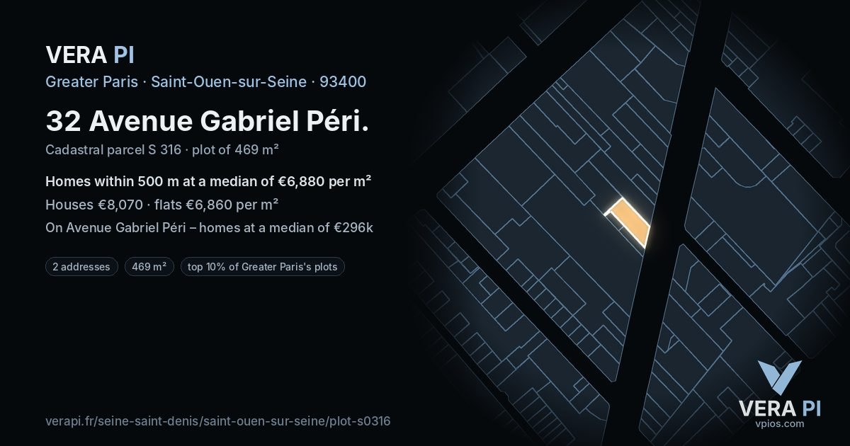 32 Avenue Gabriel Péri, Saint-Ouen-sur-Seine at night – the plot lit, the parcels around coloured by the prices near them