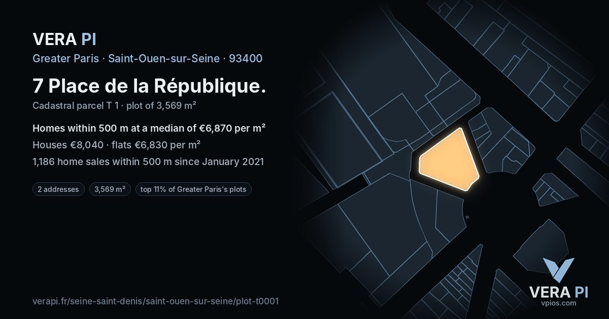 7 Place de la République, Saint-Ouen-sur-Seine at night – the plot lit, the parcels around coloured by the prices near them