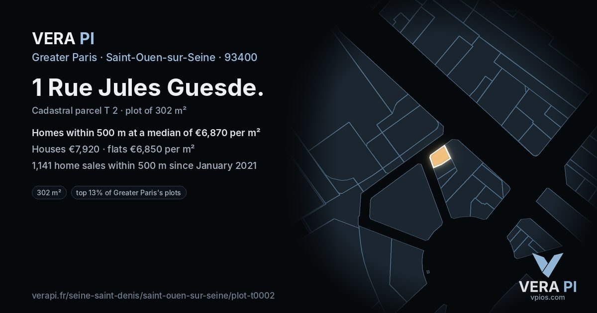 1 Rue Jules Guesde, Saint-Ouen-sur-Seine at night – the plot lit, the parcels around coloured by the prices near them