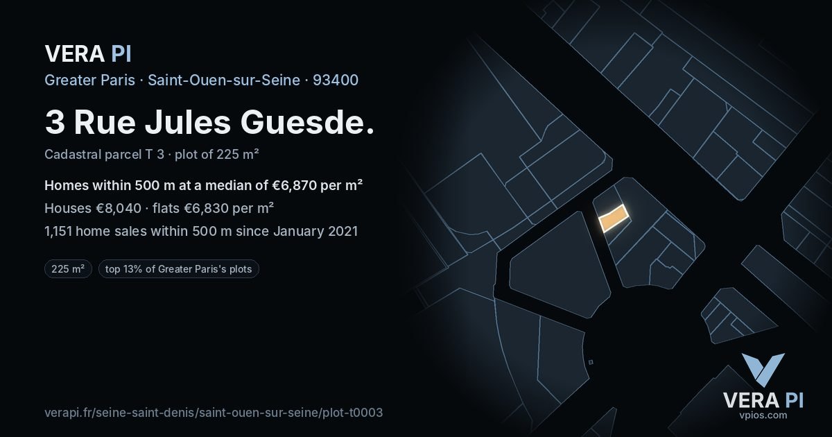 3 Rue Jules Guesde, Saint-Ouen-sur-Seine at night – the plot lit, the parcels around coloured by the prices near them