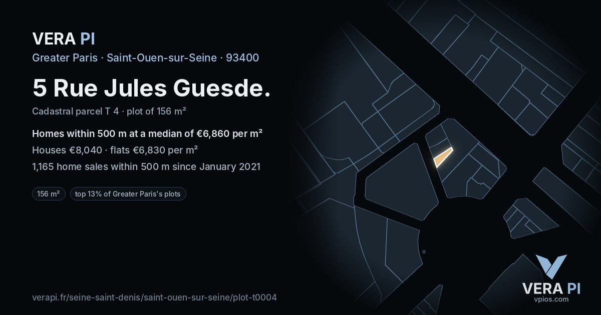 5 Rue Jules Guesde, Saint-Ouen-sur-Seine at night – the plot lit, the parcels around coloured by the prices near them