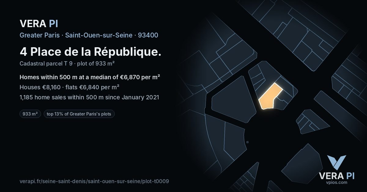 4 Place de la République, Saint-Ouen-sur-Seine at night – the plot lit, the parcels around coloured by the prices near them