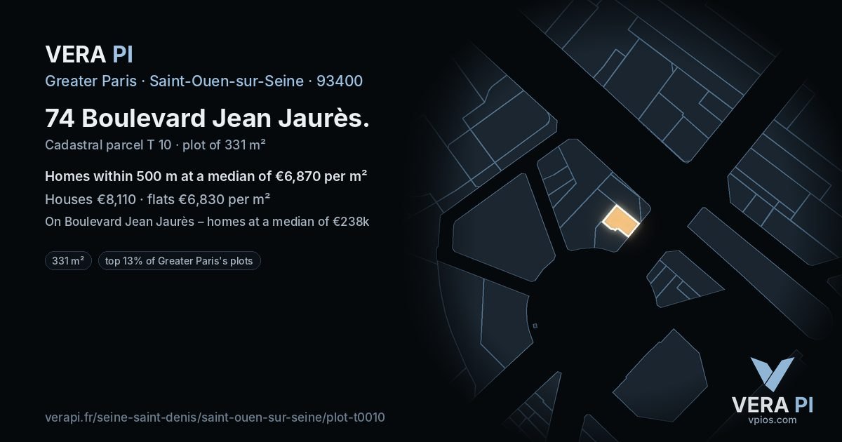 74 Boulevard Jean Jaurès, Saint-Ouen-sur-Seine at night – the plot lit, the parcels around coloured by the prices near them