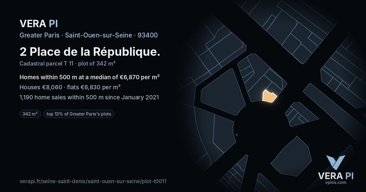 2 Place de la République, Saint-Ouen-sur-Seine at night – the plot lit, the parcels around coloured by the prices near them