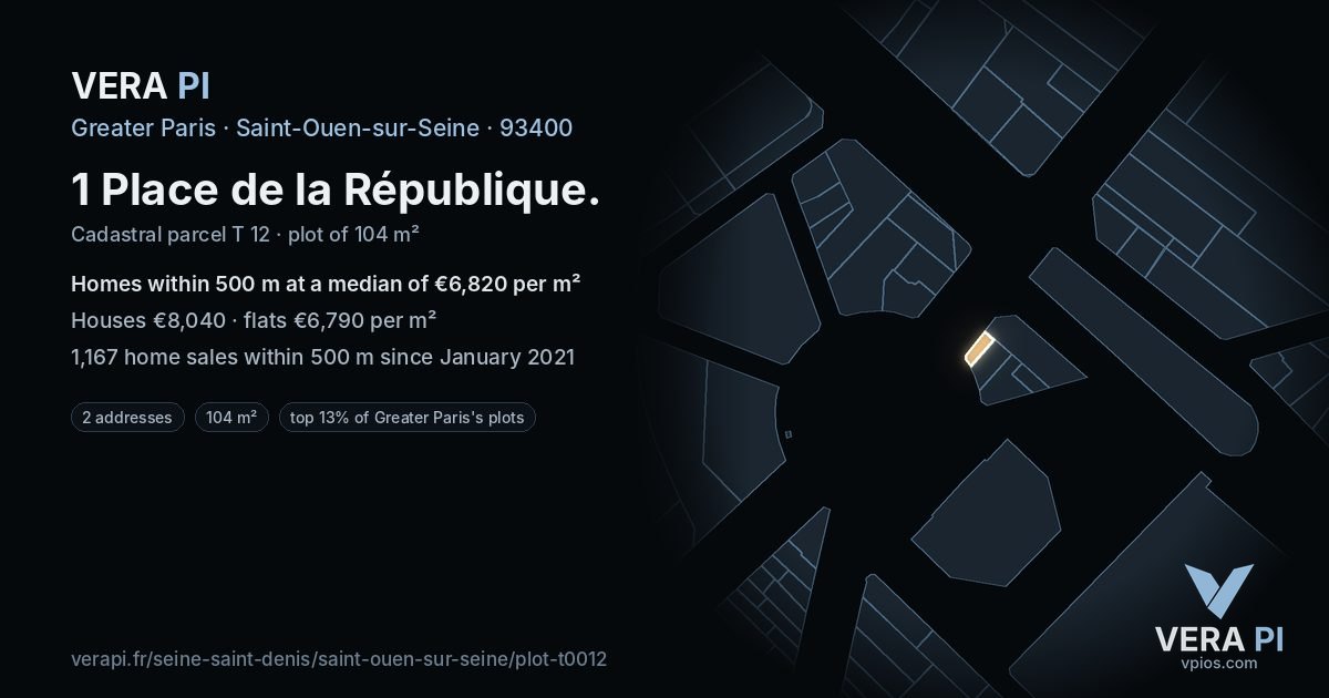 1 Place de la République, Saint-Ouen-sur-Seine at night – the plot lit, the parcels around coloured by the prices near them