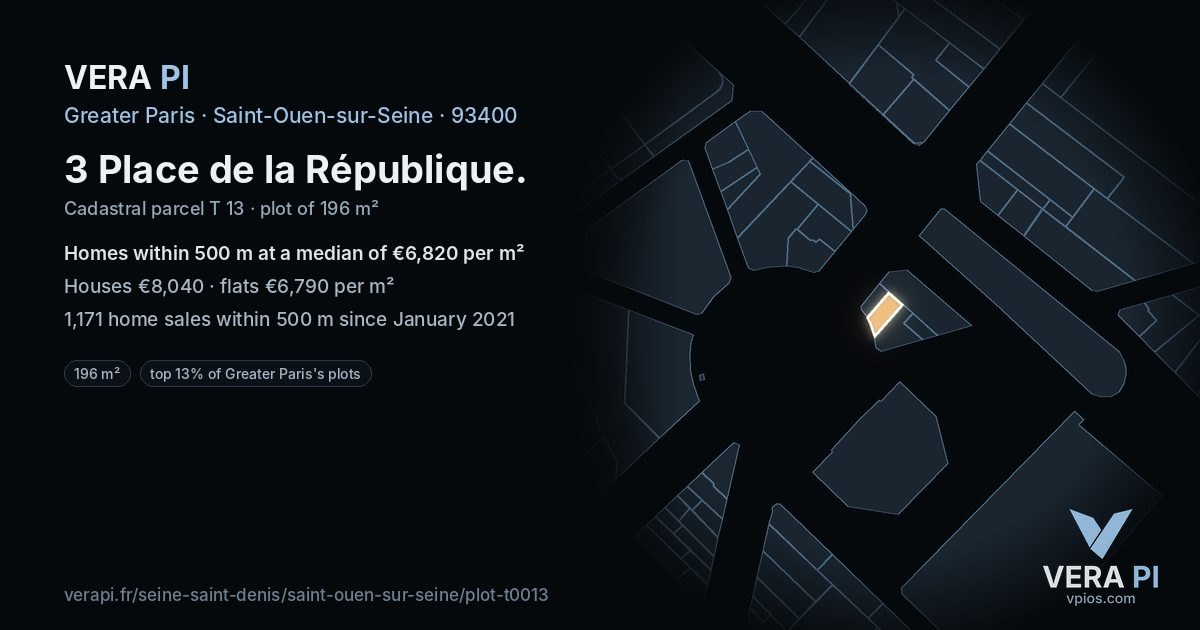 3 Place de la République, Saint-Ouen-sur-Seine at night – the plot lit, the parcels around coloured by the prices near them