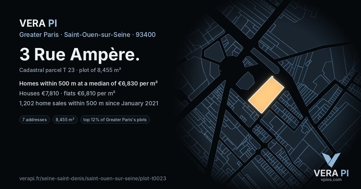 3 Rue Ampère, Saint-Ouen-sur-Seine at night – the plot lit, the parcels around coloured by the prices near them