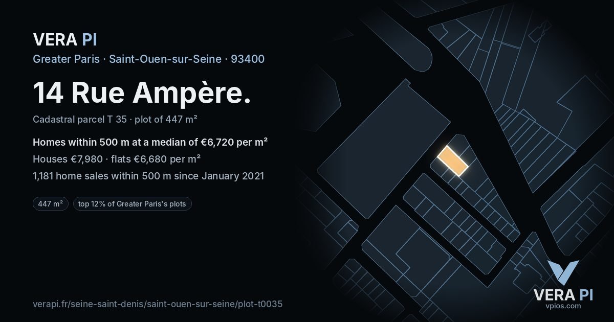 14 Rue Ampère, Saint-Ouen-sur-Seine at night – the plot lit, the parcels around coloured by the prices near them