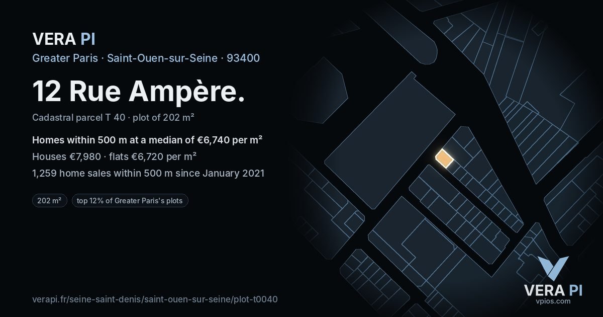 12 Rue Ampère, Saint-Ouen-sur-Seine at night – the plot lit, the parcels around coloured by the prices near them