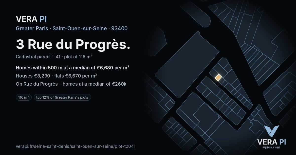 3 Rue du Progrès, Saint-Ouen-sur-Seine at night – the plot lit, the parcels around coloured by the prices near them
