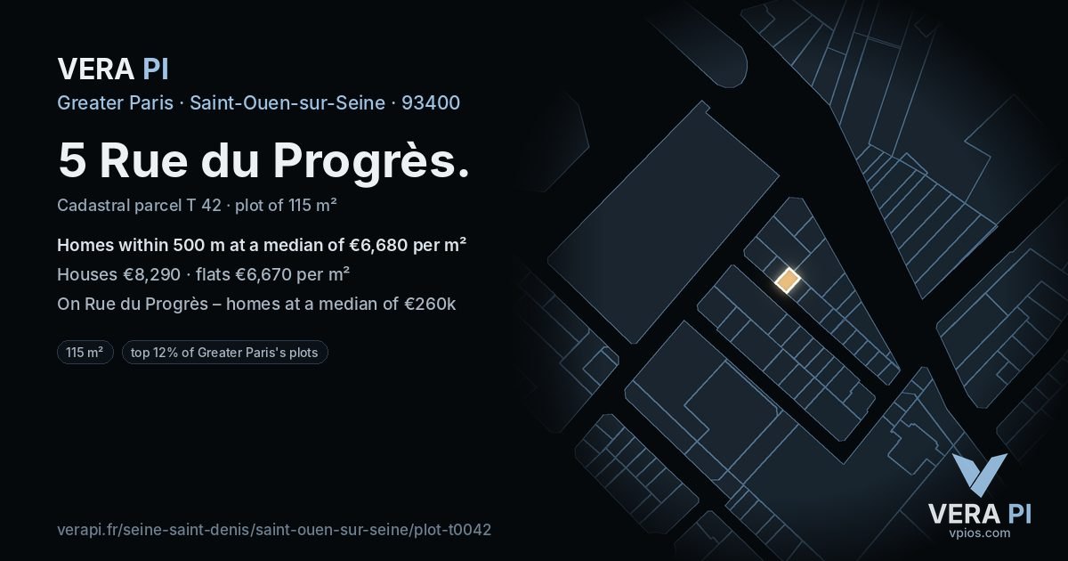 5 Rue du Progrès, Saint-Ouen-sur-Seine at night – the plot lit, the parcels around coloured by the prices near them