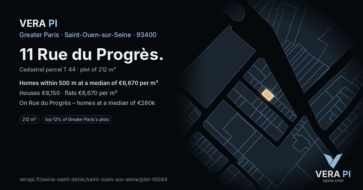 11 Rue du Progrès, Saint-Ouen-sur-Seine at night – the plot lit, the parcels around coloured by the prices near them
