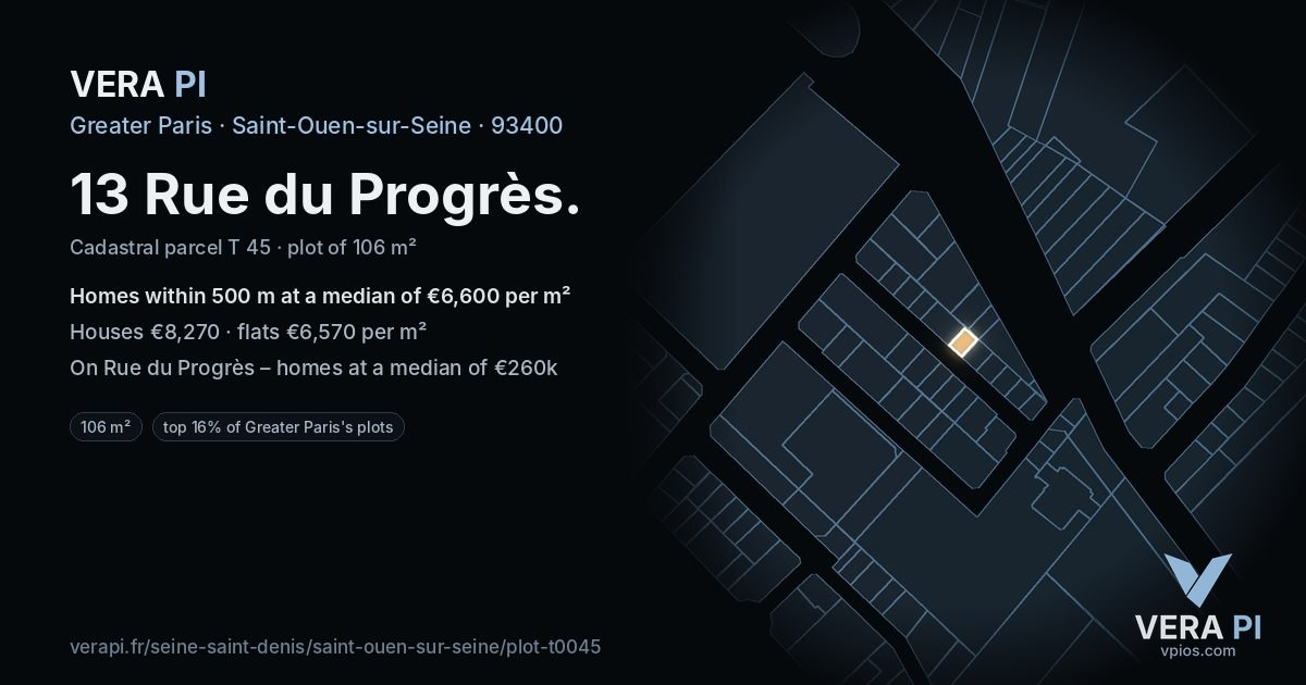 13 Rue du Progrès, Saint-Ouen-sur-Seine at night – the plot lit, the parcels around coloured by the prices near them