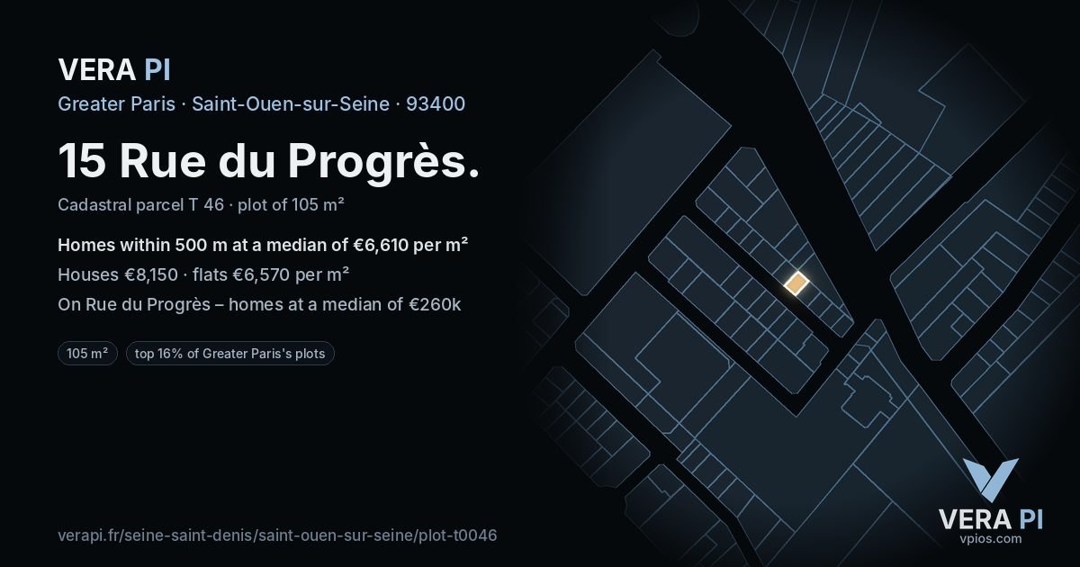 15 Rue du Progrès, Saint-Ouen-sur-Seine at night – the plot lit, the parcels around coloured by the prices near them