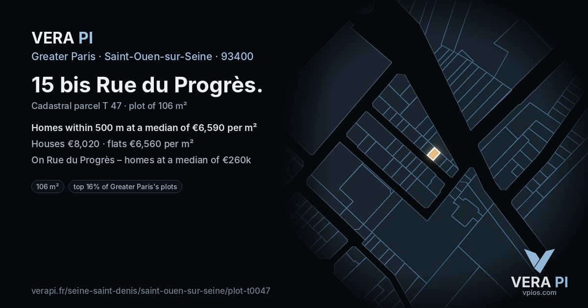 15 bis Rue du Progrès, Saint-Ouen-sur-Seine at night – the plot lit, the parcels around coloured by the prices near them