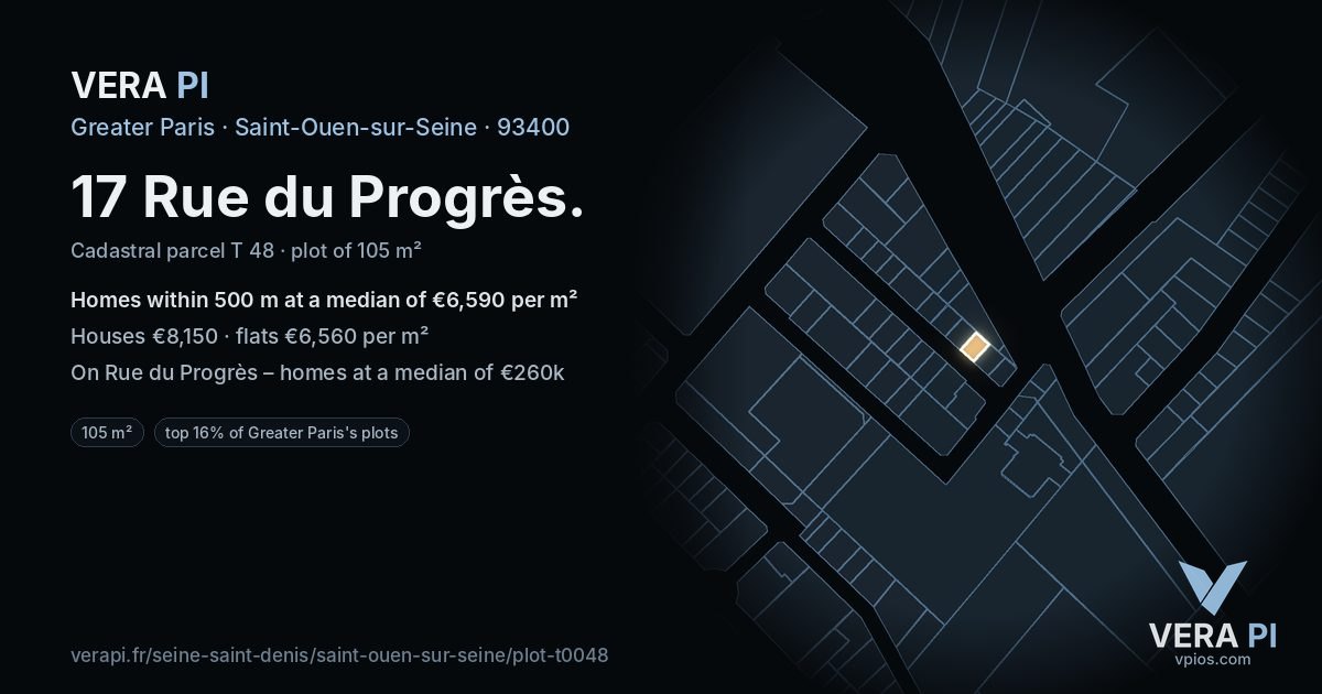 17 Rue du Progrès, Saint-Ouen-sur-Seine at night – the plot lit, the parcels around coloured by the prices near them