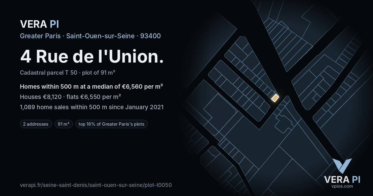 4 Rue de l'Union, Saint-Ouen-sur-Seine at night – the plot lit, the parcels around coloured by the prices near them