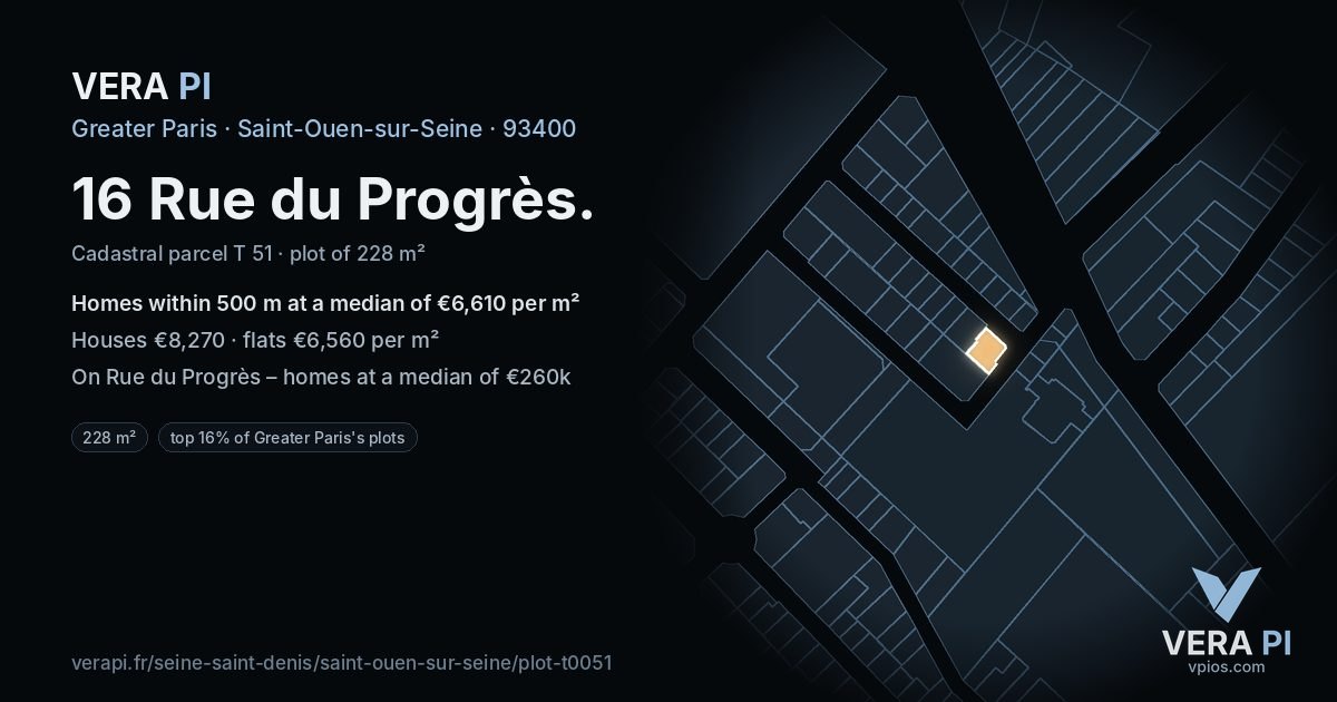16 Rue du Progrès, Saint-Ouen-sur-Seine at night – the plot lit, the parcels around coloured by the prices near them