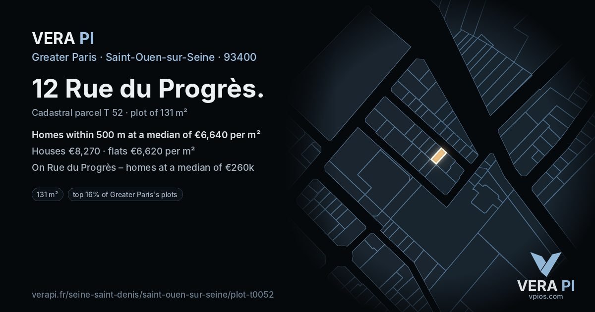 12 Rue du Progrès, Saint-Ouen-sur-Seine at night – the plot lit, the parcels around coloured by the prices near them