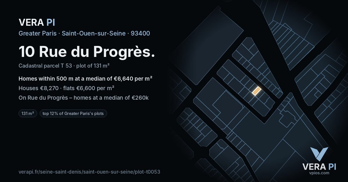 10 Rue du Progrès, Saint-Ouen-sur-Seine at night – the plot lit, the parcels around coloured by the prices near them