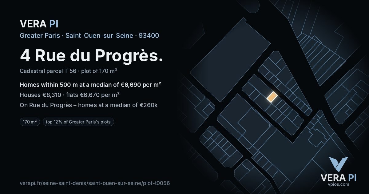 4 Rue du Progrès, Saint-Ouen-sur-Seine at night – the plot lit, the parcels around coloured by the prices near them