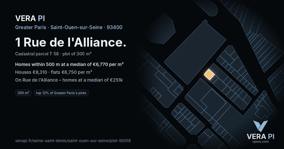 1 Rue de l'Alliance, Saint-Ouen-sur-Seine at night – the plot lit, the parcels around coloured by the prices near them