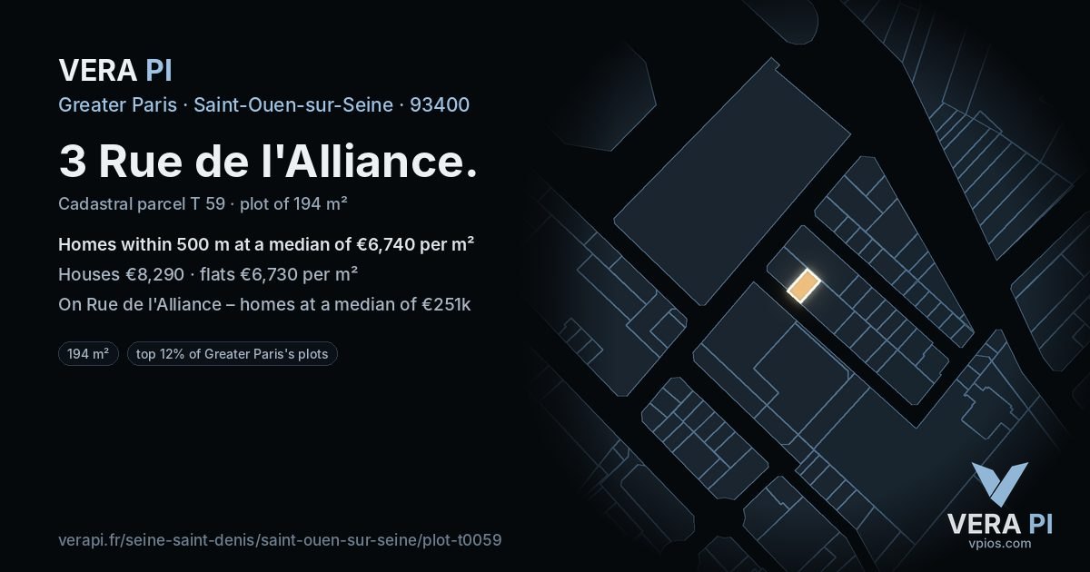 3 Rue de l'Alliance, Saint-Ouen-sur-Seine at night – the plot lit, the parcels around coloured by the prices near them