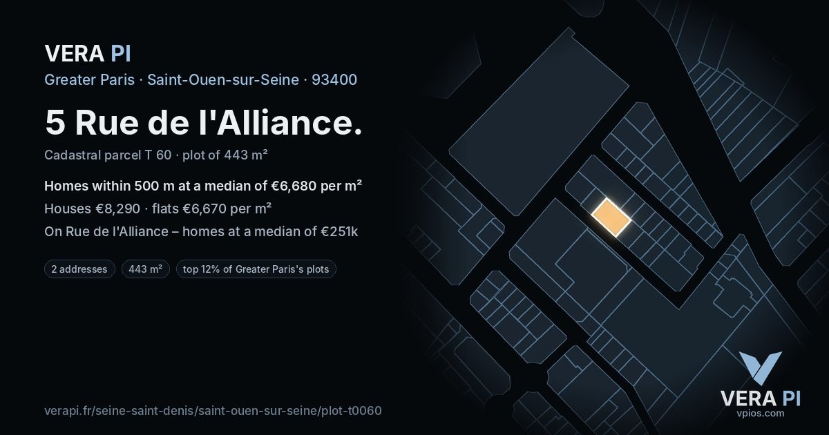 5 Rue de l'Alliance, Saint-Ouen-sur-Seine at night – the plot lit, the parcels around coloured by the prices near them