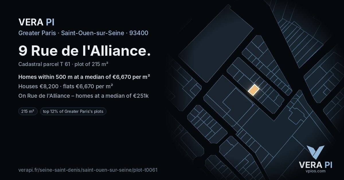 9 Rue de l'Alliance, Saint-Ouen-sur-Seine at night – the plot lit, the parcels around coloured by the prices near them