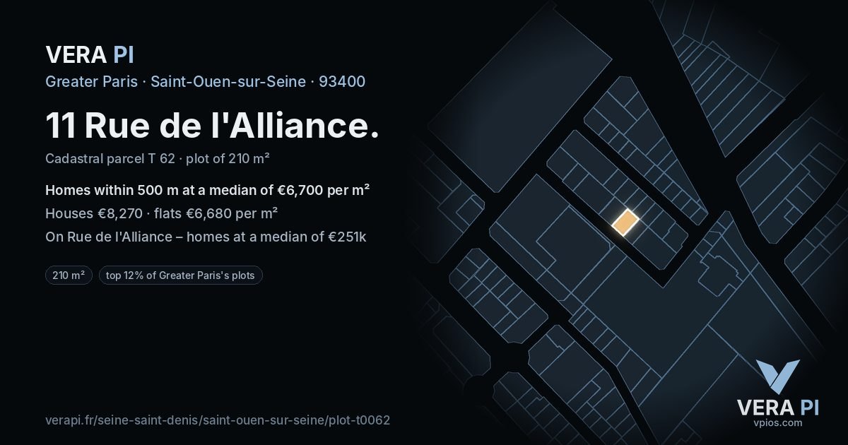 11 Rue de l'Alliance, Saint-Ouen-sur-Seine at night – the plot lit, the parcels around coloured by the prices near them