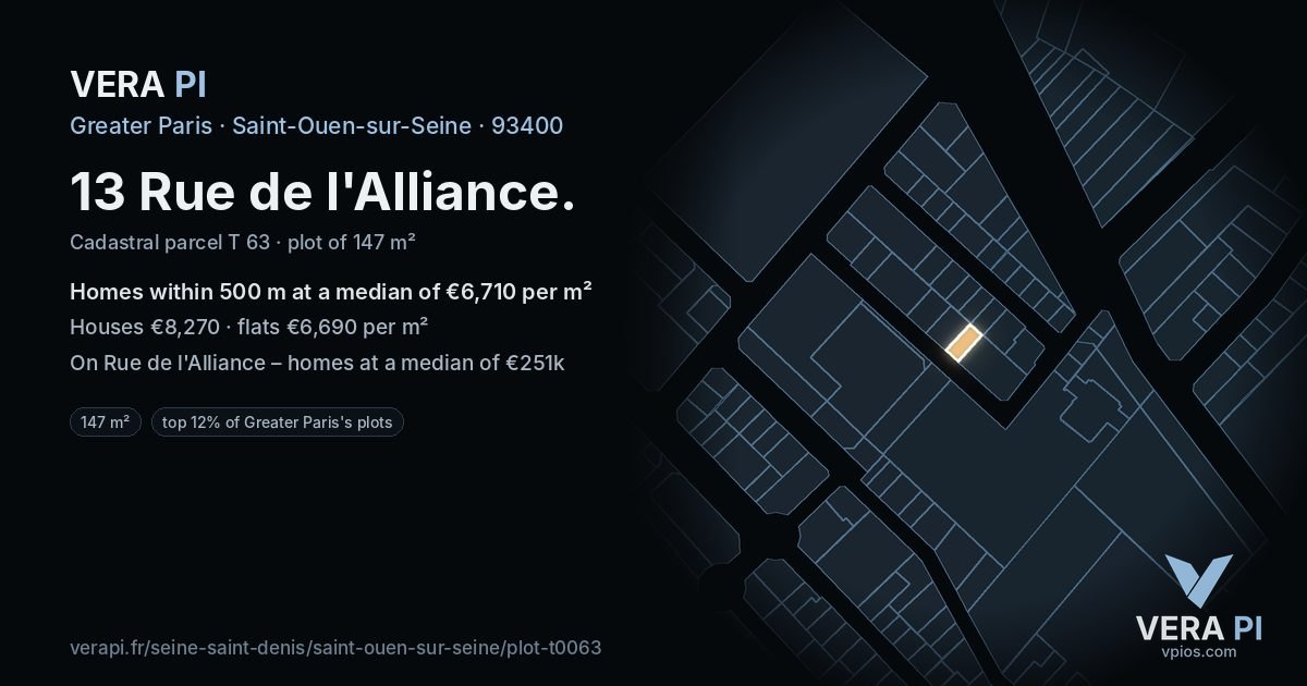 13 Rue de l'Alliance, Saint-Ouen-sur-Seine at night – the plot lit, the parcels around coloured by the prices near them