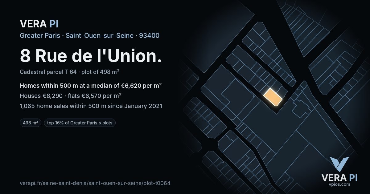 8 Rue de l'Union, Saint-Ouen-sur-Seine at night – the plot lit, the parcels around coloured by the prices near them