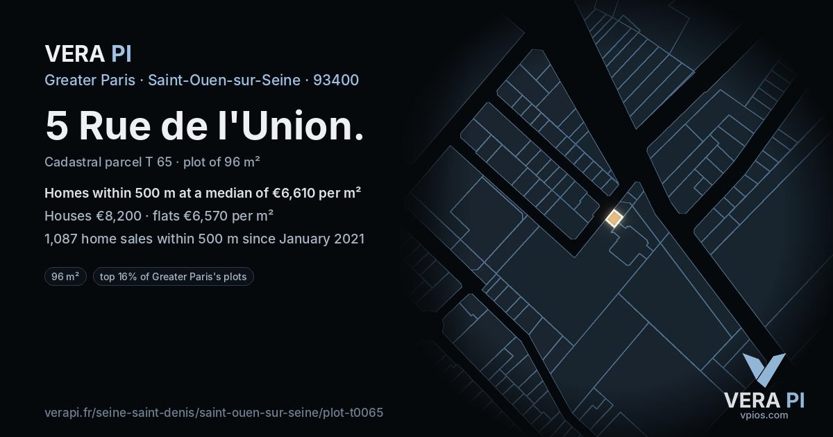 5 Rue de l'Union, Saint-Ouen-sur-Seine at night – the plot lit, the parcels around coloured by the prices near them